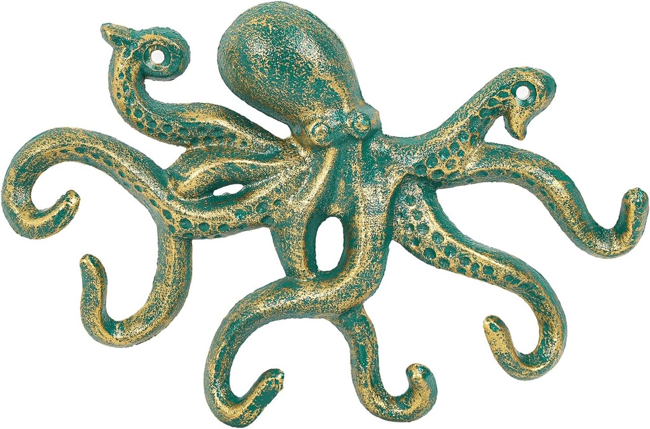 Cast Iron Key Holder for Wall, Decorative Octopus Hanger with 6 Hooks, Vintage Green Wall Hooks for Towel, Bathrobe, Necklaces, Purse, Dog Leashes, Bathroom Nautical Decor